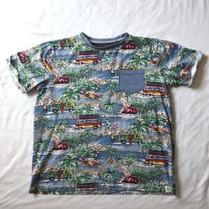 Free Planet Mens M T-Shirt Surfer Board Palm Trees Beach Print Short Sleeve Cuff